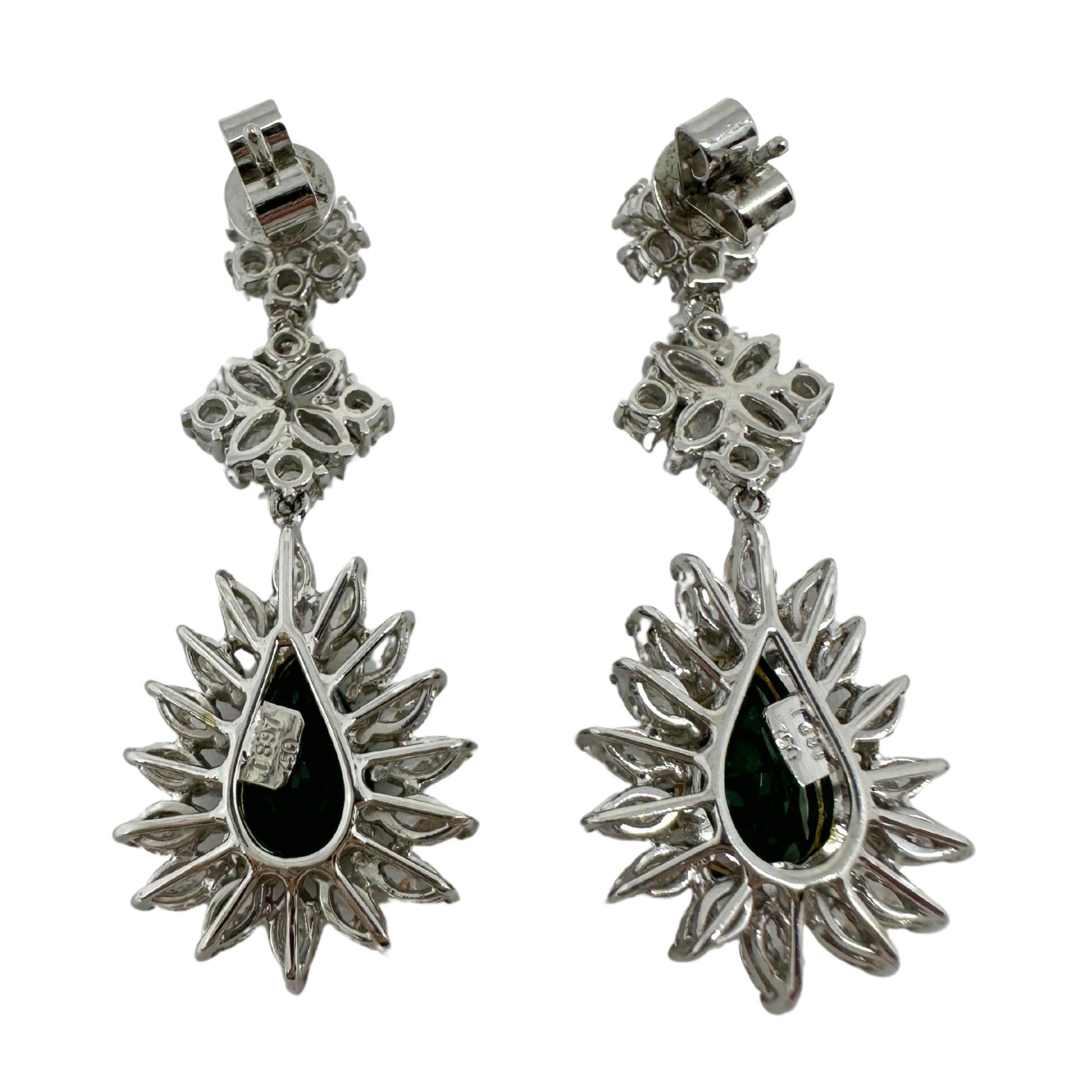 18K Two Tone Marquise Cut Diamond and Pear Cut Emerald Drop Earrings