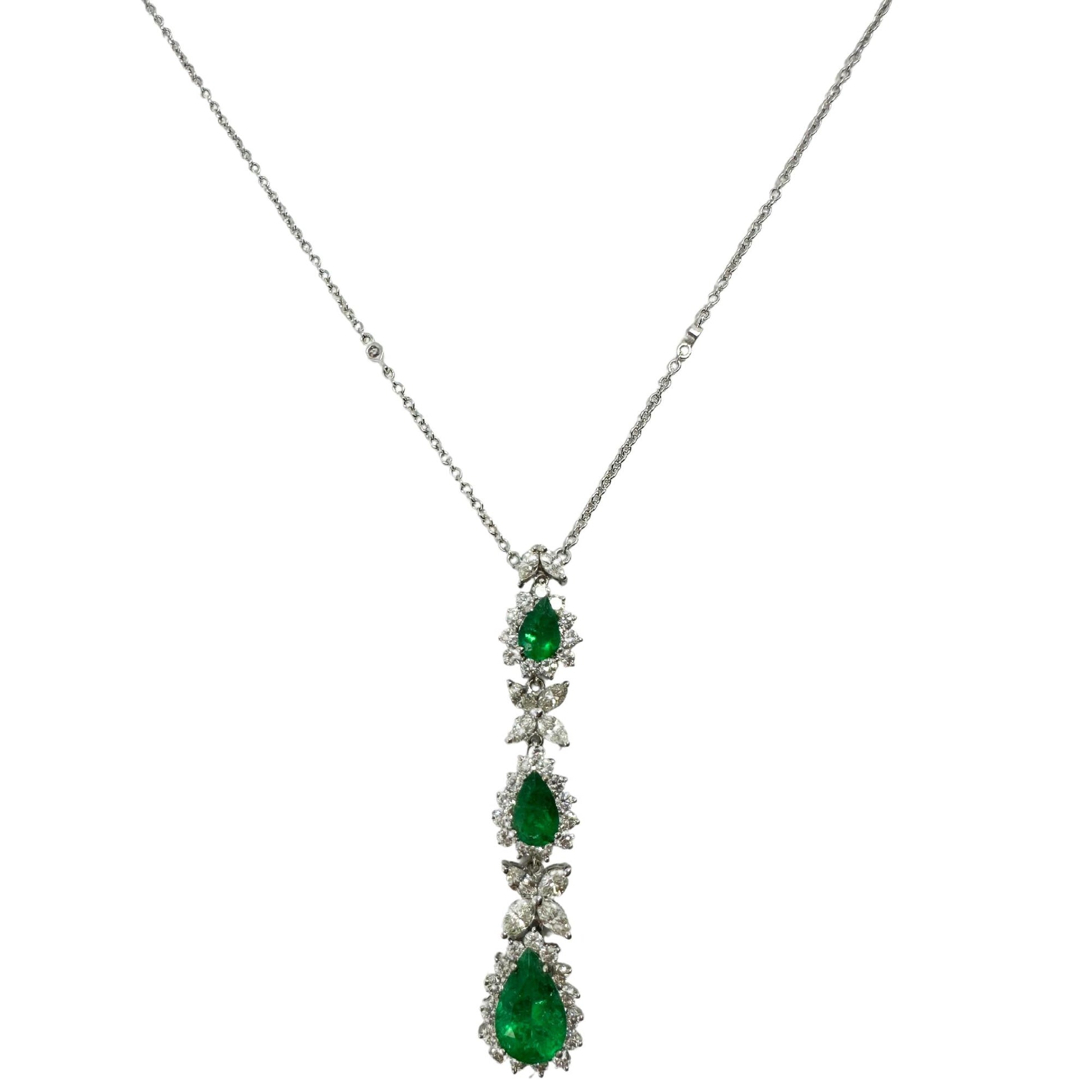 18K White Gold Marquise Cut Diamond and Pear Cut Emerald Necklace