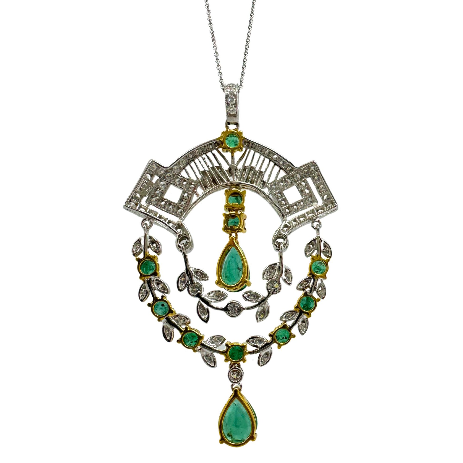 18K Two Tone Diamond and Emerald Pendant Necklace
