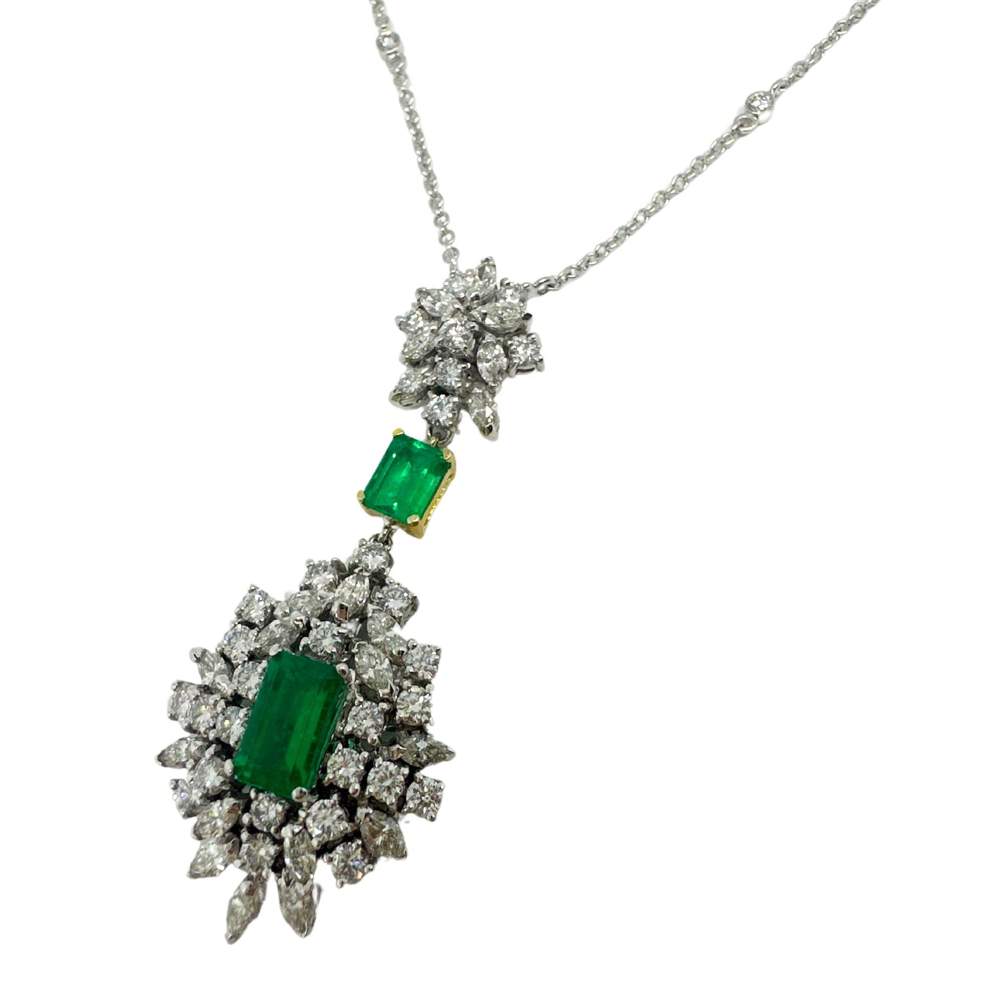18K Two Tone Diamond and Emerald Pendant Necklace