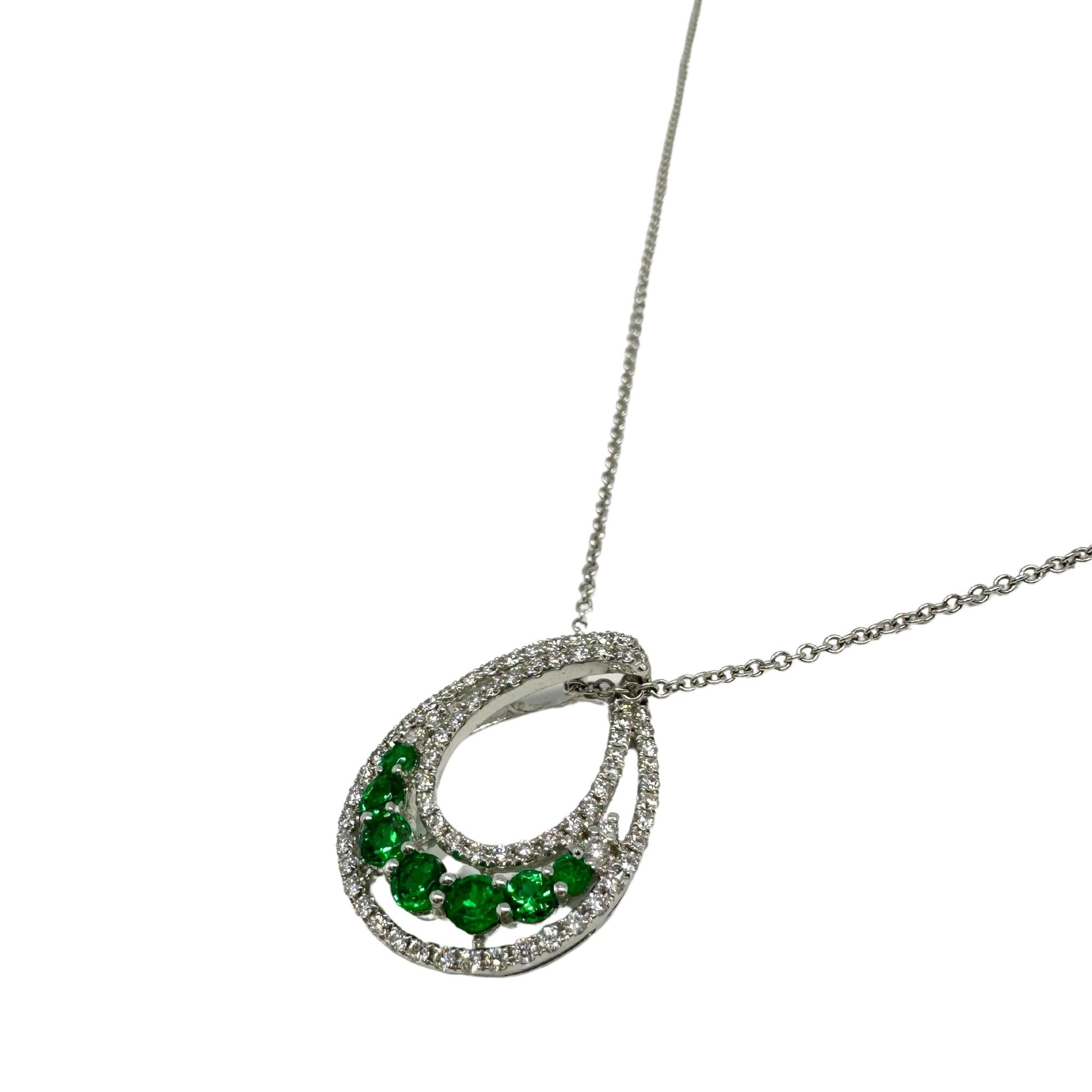 18k White Gold Diamond and Emerald Pendant Necklace