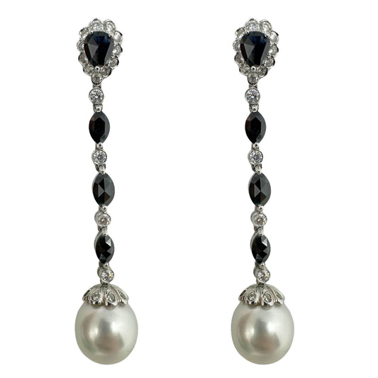 18K White Gold Marquise and Pear Cut Black and White Diamond Drop Earrings
