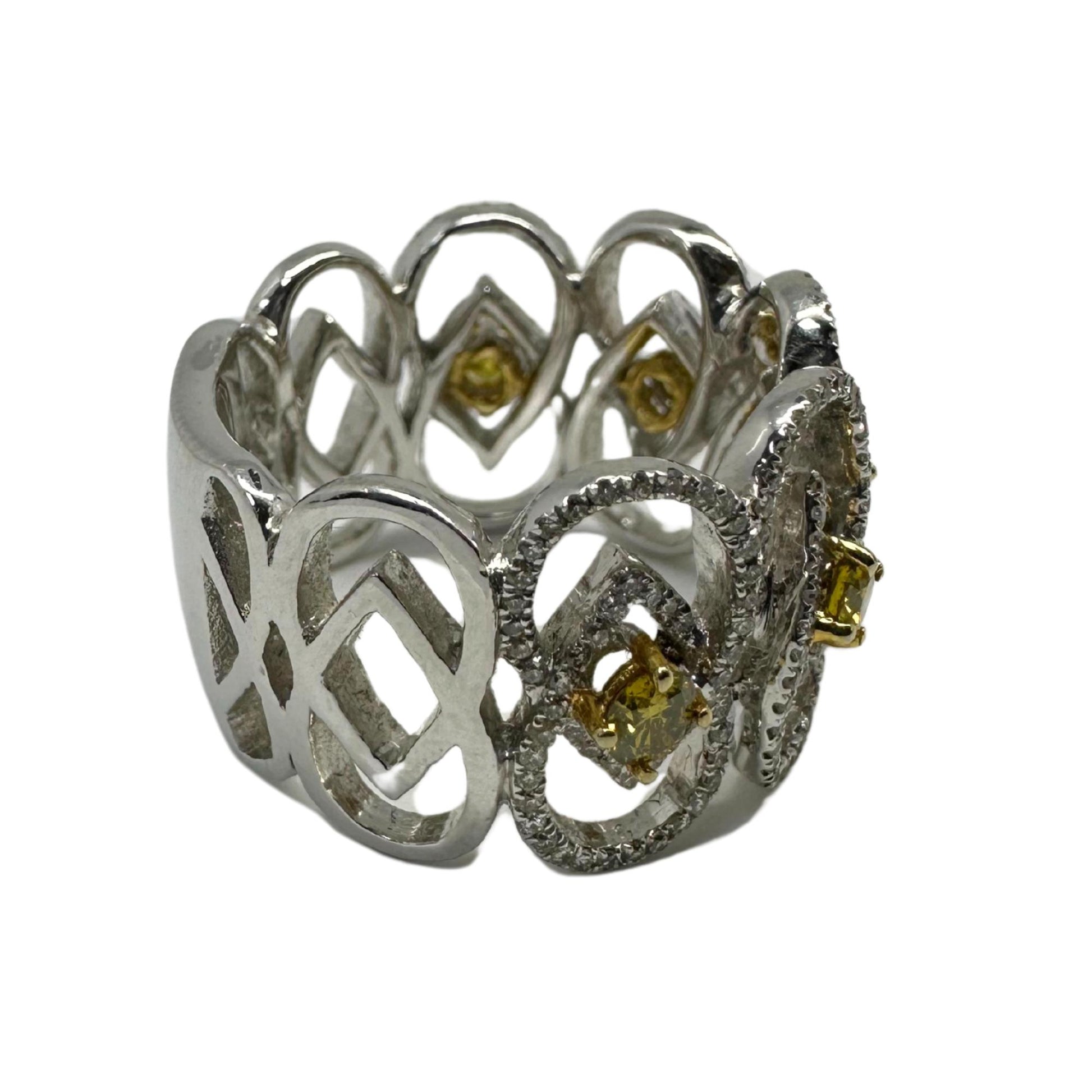 18K White Gold White and Yellow Diamond Wide Band Ring