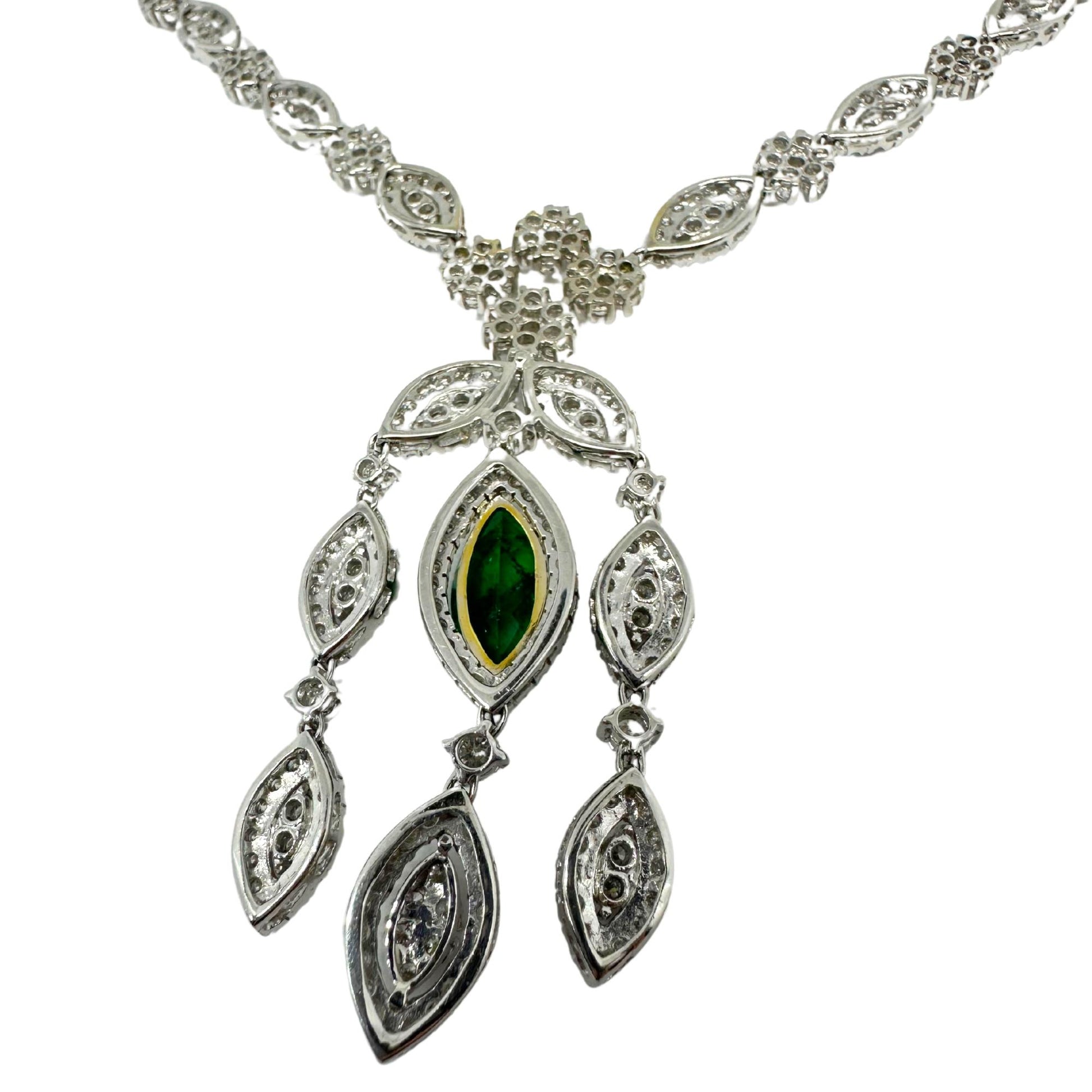 18K White Gold Diamond and Marquise Cut Emerald Drop Necklace