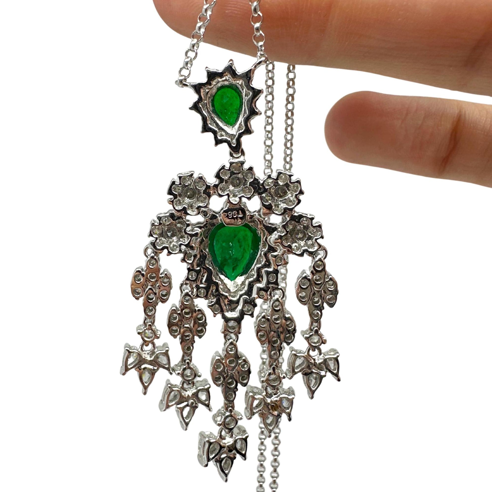 18K White Gold Diamond and Pear Cut Emerald Pendant Necklace