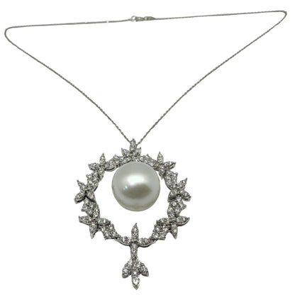 18K White Gold Diamond and Pearl Pendant Necklace