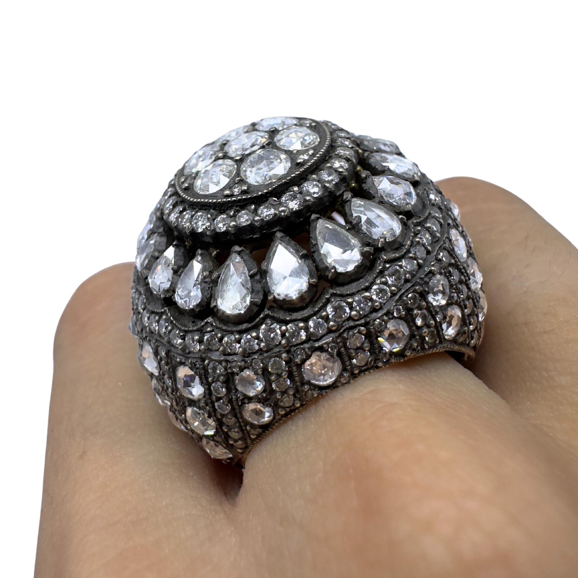Bold and Heavy 18K Yellow Gold and Silver Top Rose Cut Diamond Cocktail Ring