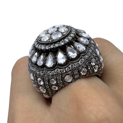 Bold and Heavy 18K Yellow Gold and Silver Top Rose Cut Diamond Cocktail Ring