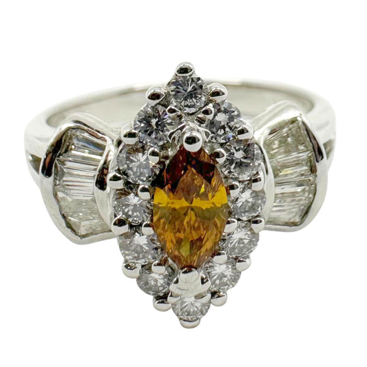 18K White Gold White and Yellow Diamond Navette Ring