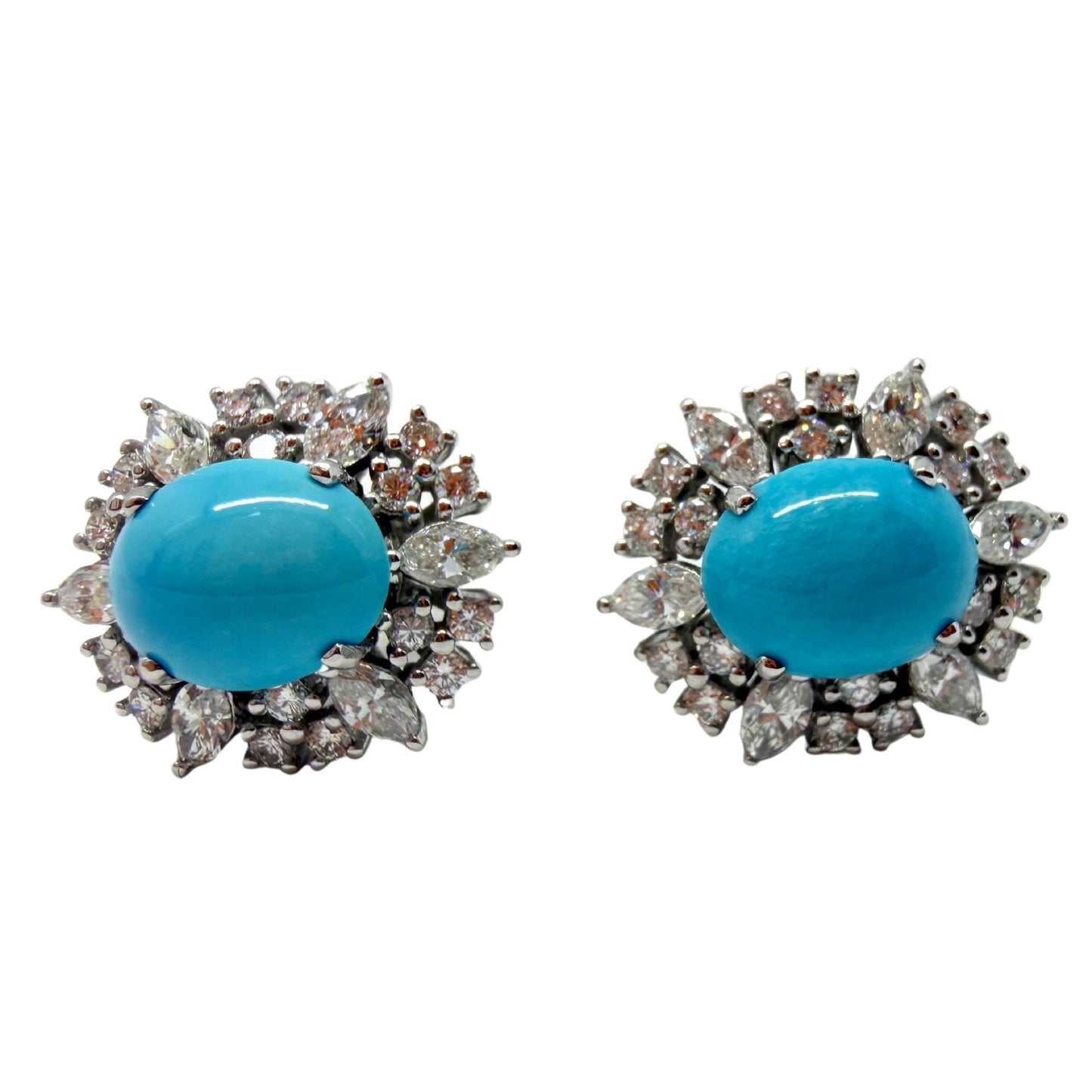 Platinum Marquise Cut 1.75 carat Diamond and Oval Turquoise Halo Stud Earrings