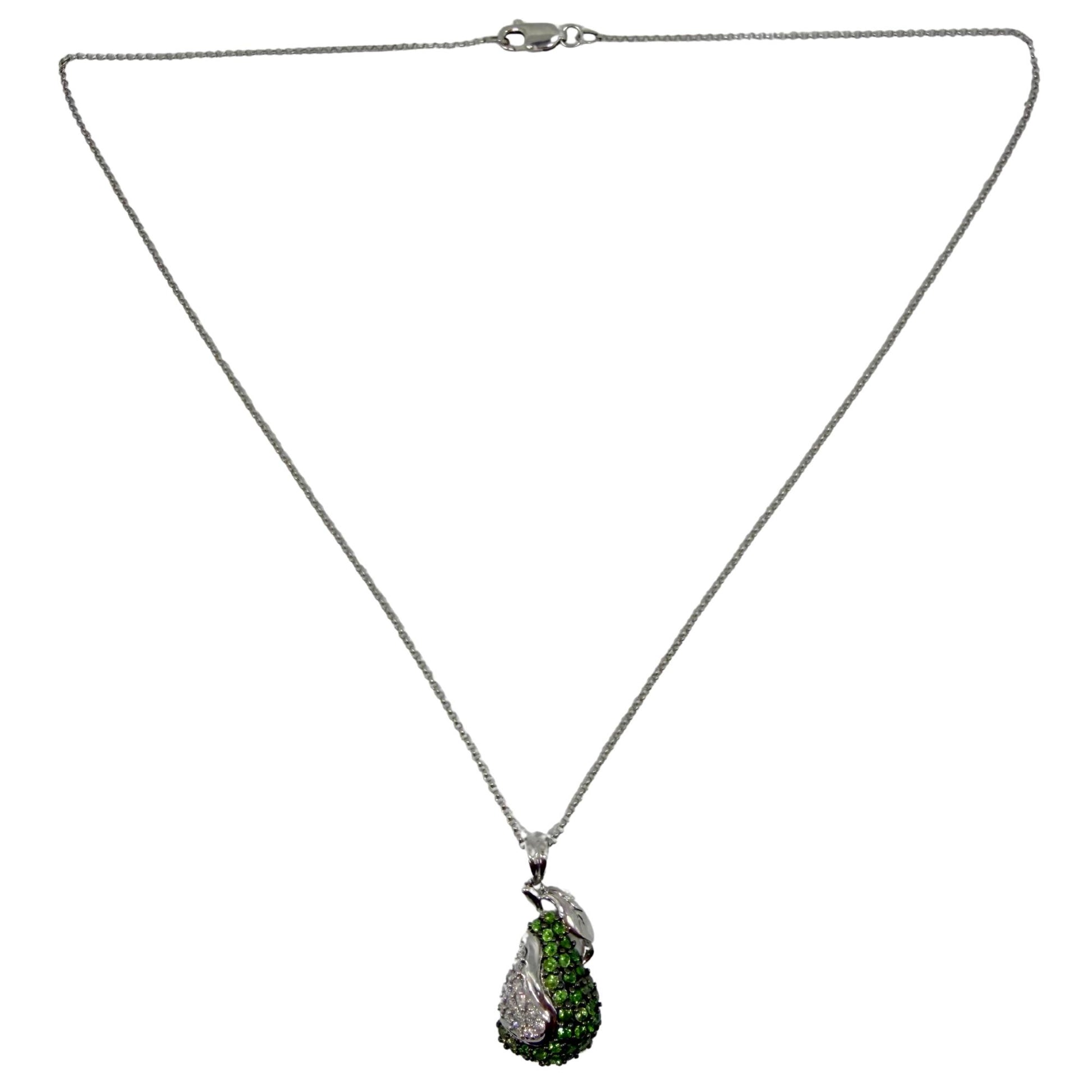 18K White Gold Diamond and Green Garnet Apple Pendant Necklace