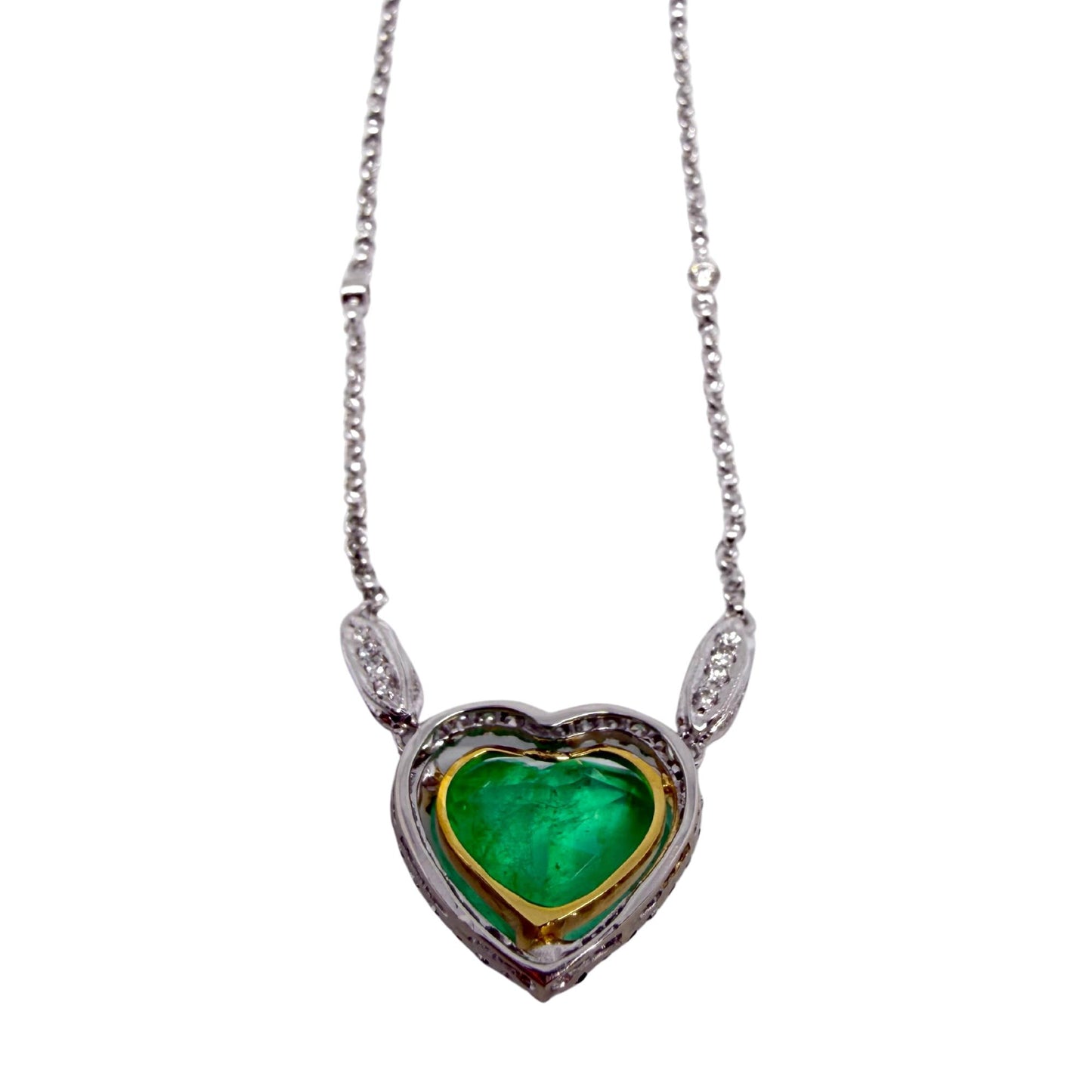 18K Two Tone Diamond and 4.14 Carat Heart Shaped Emerald Necklace