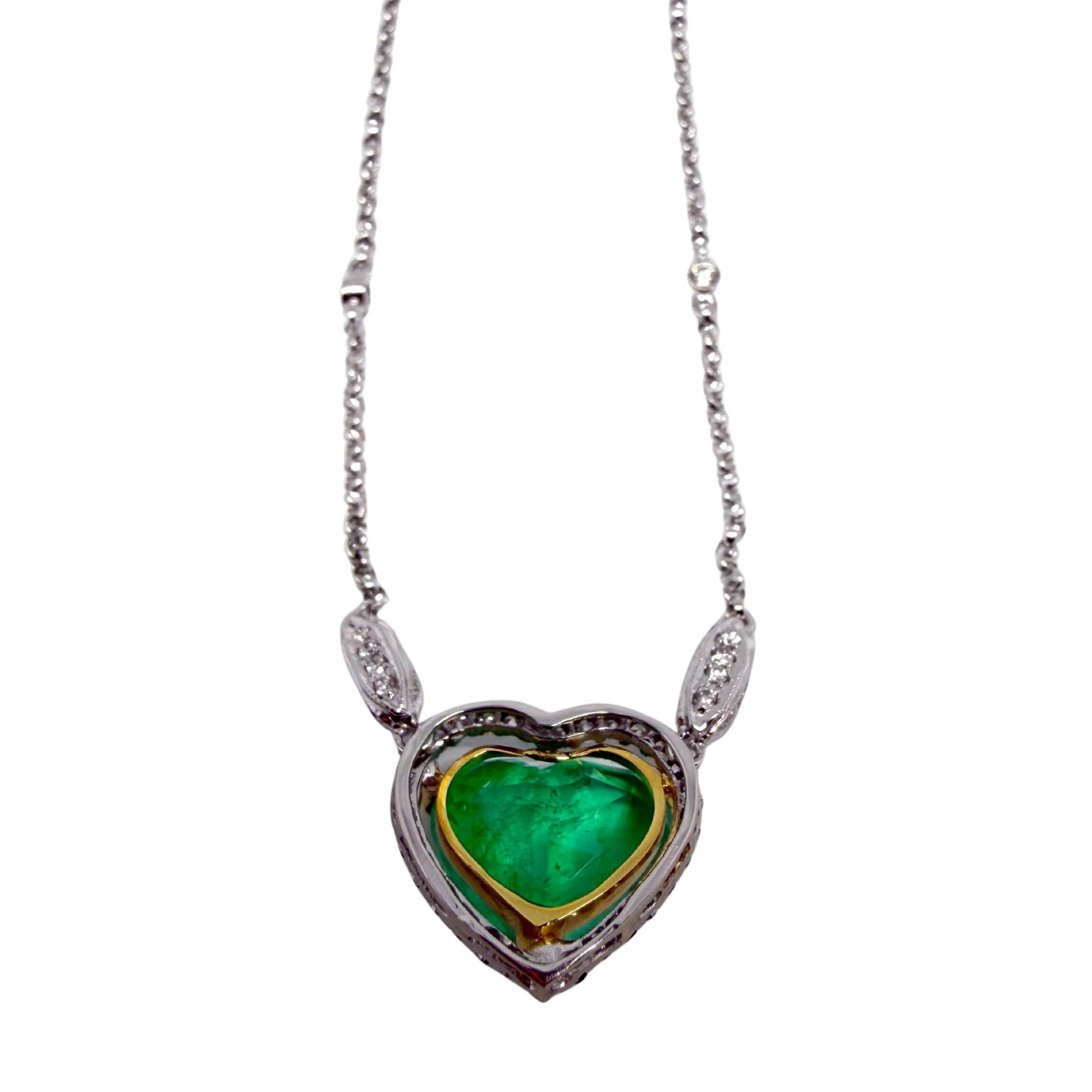 18K Two Tone Diamond and 4.14 Carat Heart Shaped Emerald Necklace