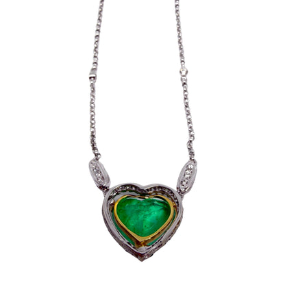 18K Two Tone Diamond and 4.14 Carat Heart Shaped Emerald Necklace