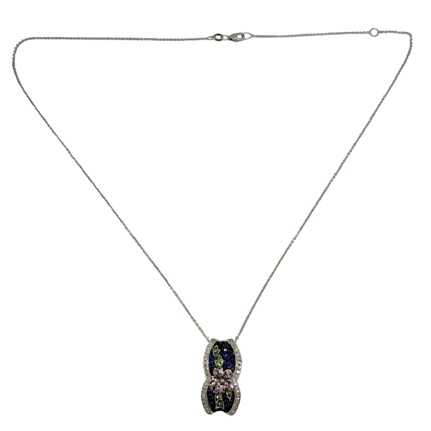 18K White Gold Sapphire, Garnet Tsavorite and Diamond Floral Pendant Necklace