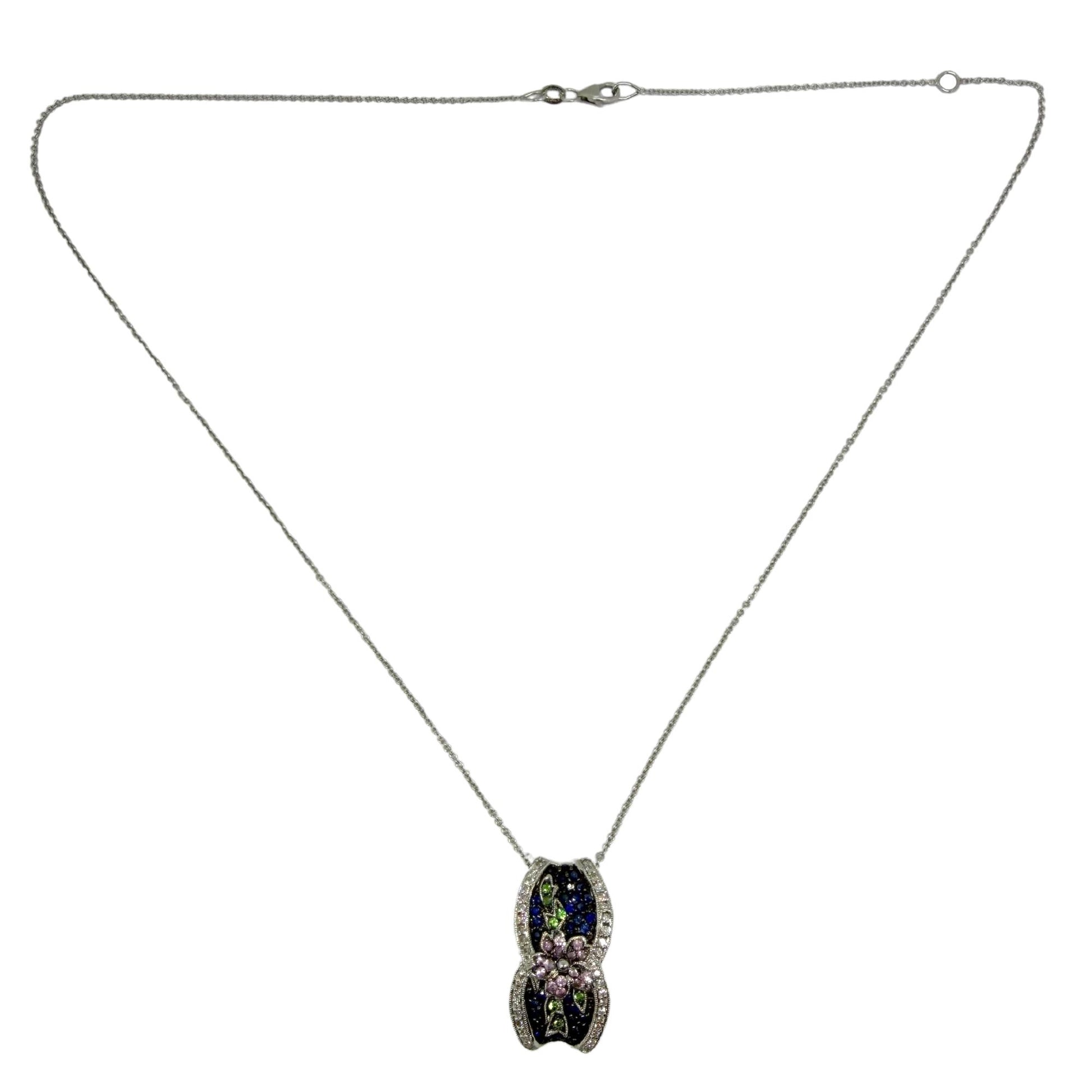 18K White Gold Sapphire, Garnet Tsavorite and Diamond Floral Pendant Necklace