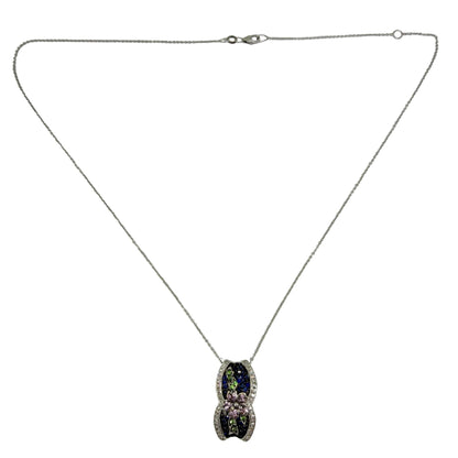 18K White Gold Sapphire, Garnet Tsavorite and Diamond Floral Pendant Necklace