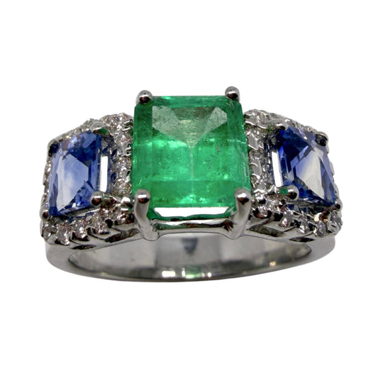 18K White Gold Emerald, Sapphire and Diamond Wide Band Ring