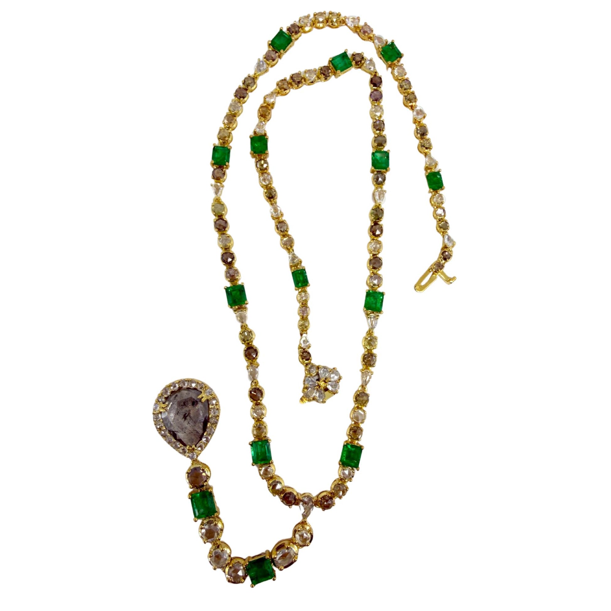 18k Yellow Gold Emerald, and Multicolor Diamond Y Drop Necklace