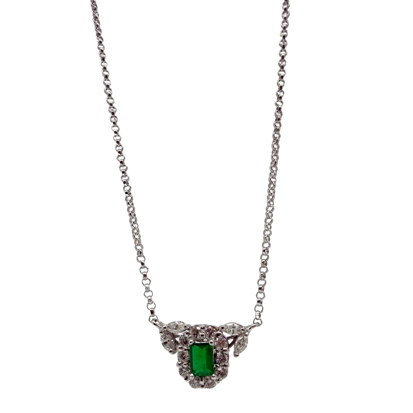 18K White Gold Diamond and Emerald Cluster Pendant Necklace