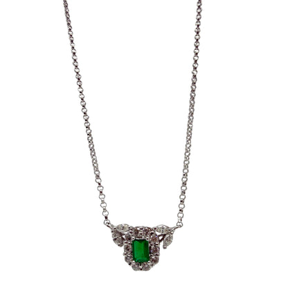 18K White Gold Diamond and Emerald Cluster Pendant Necklace