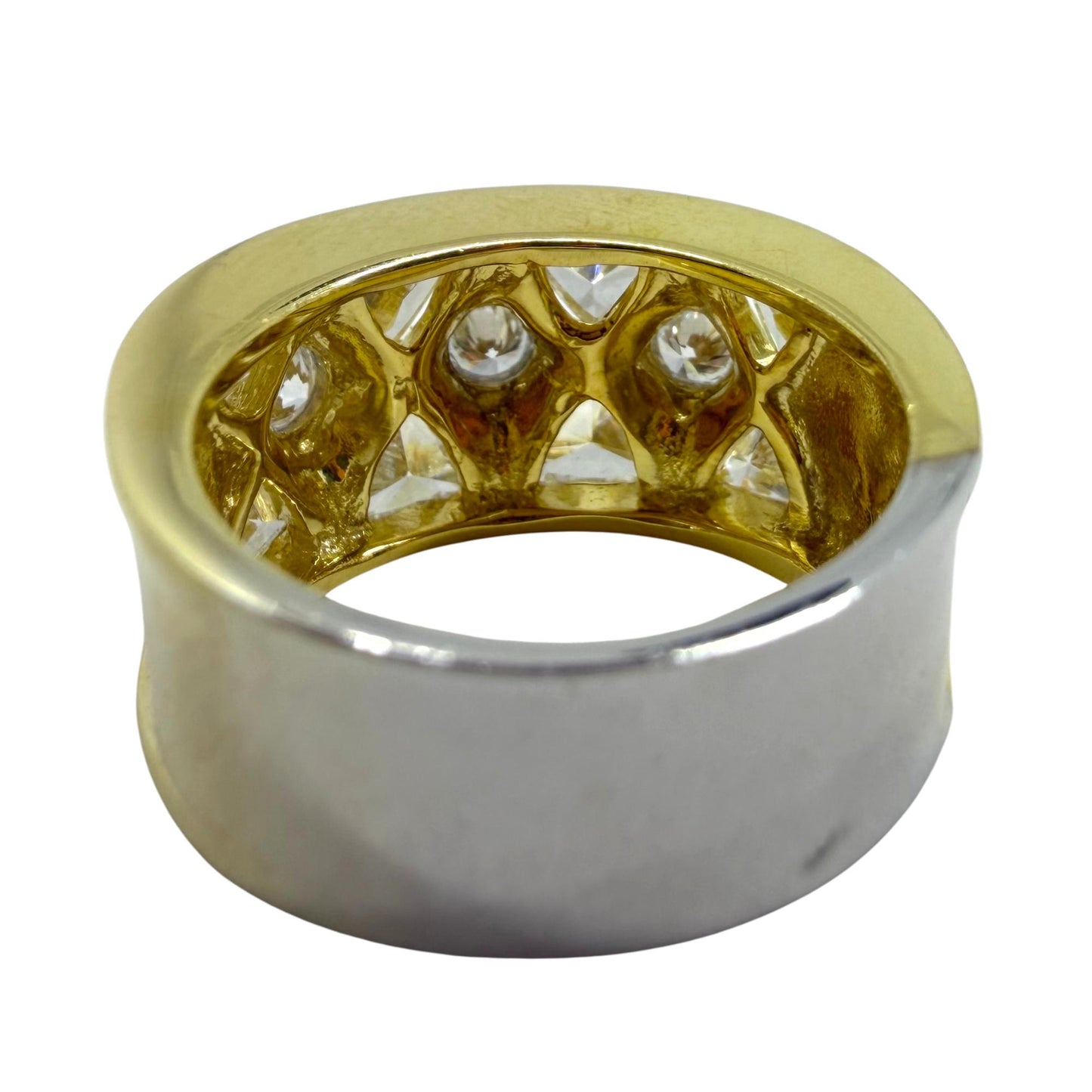 18k Two Tone Trillion Cut Diamond Wide Band Ring with Abstract Design