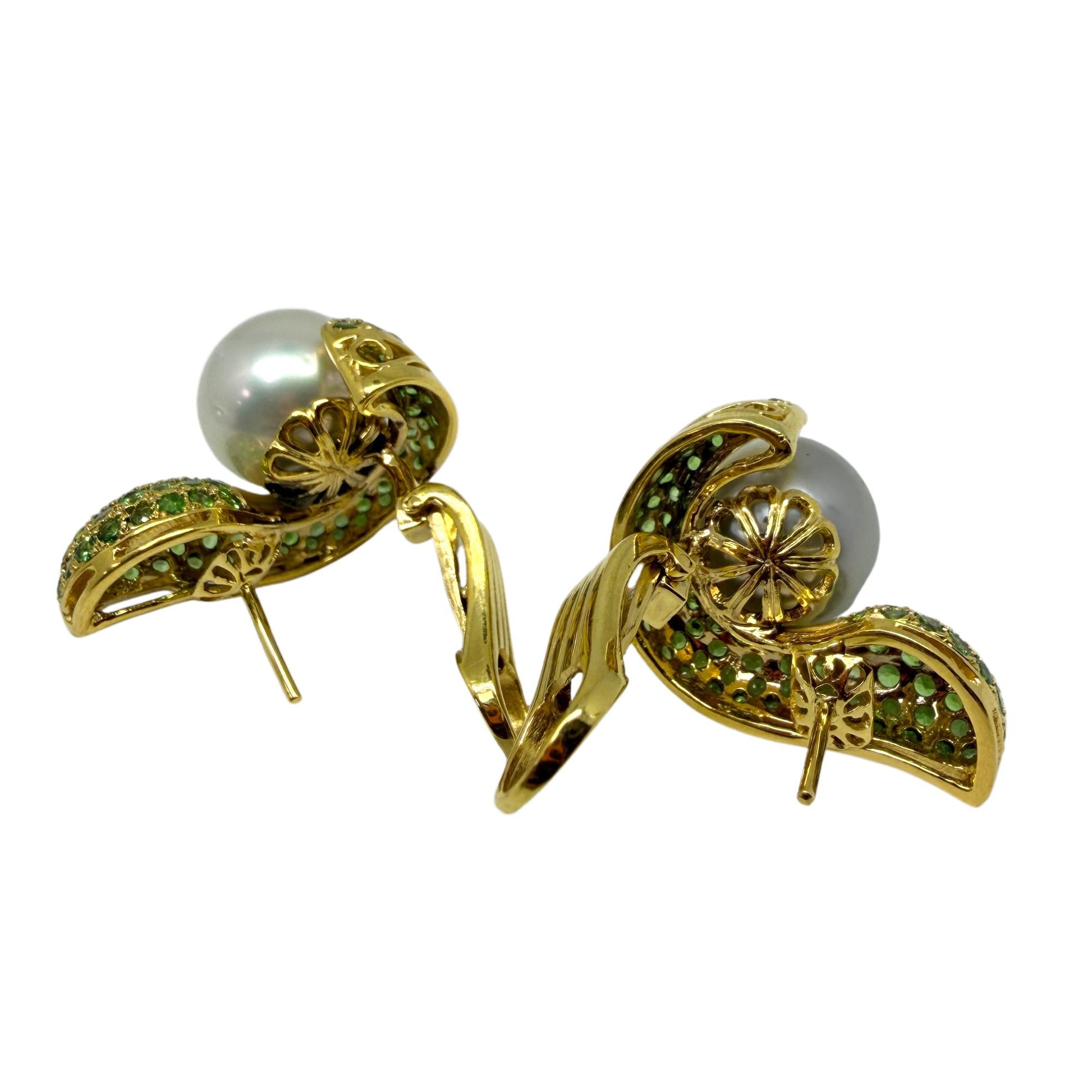 18k Yellow Gold Green Garnet and Pearl Earrings