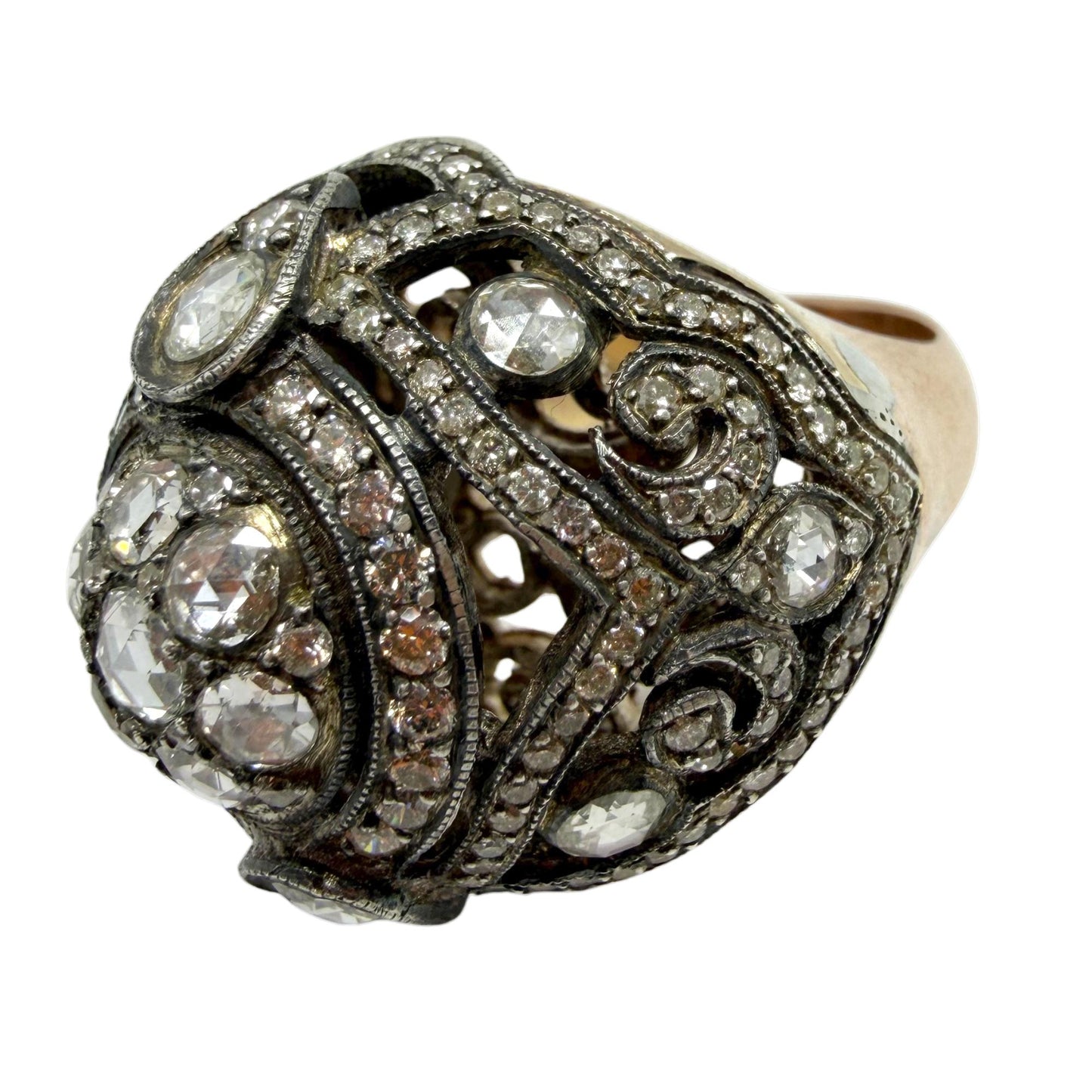 Vintage Inspired Rose Gold and Silver Rose Cut Diamond Dome Cocktail Ring