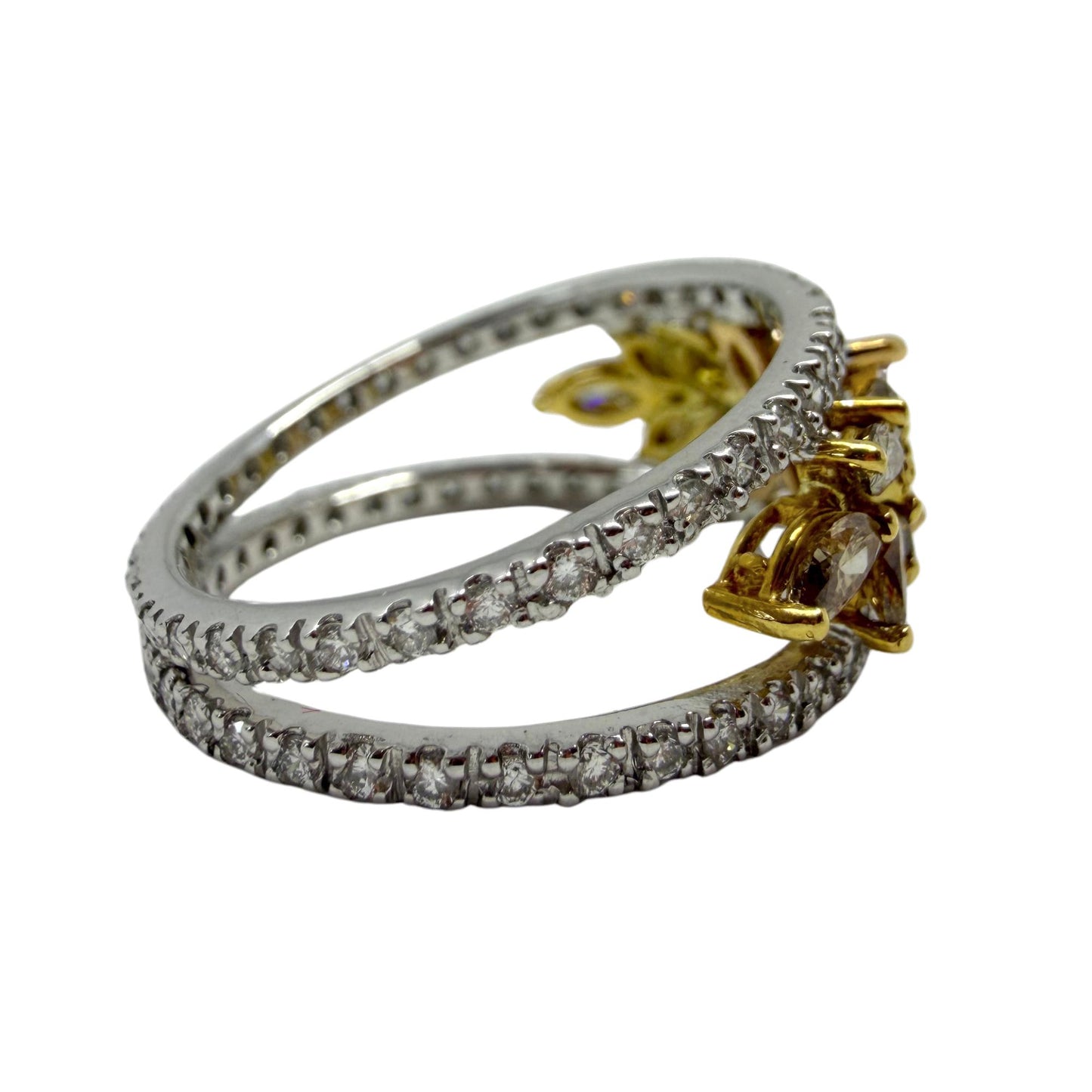 18K Two Tone Marquise Cut Pink, Yellow and White Diamond Flower Band Ring