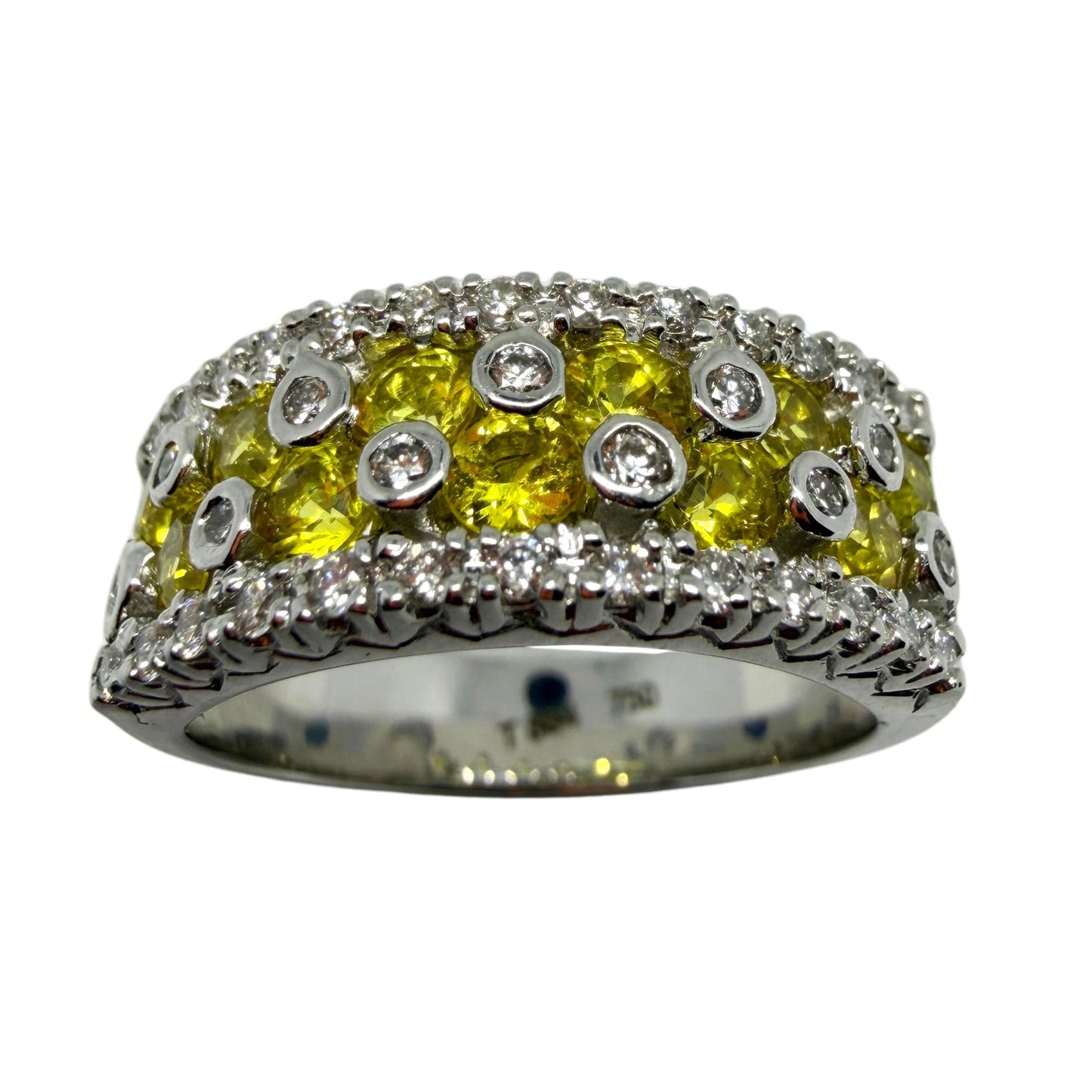 18k White Gold Diamond and Yellow Sapphire Wide Band Ring