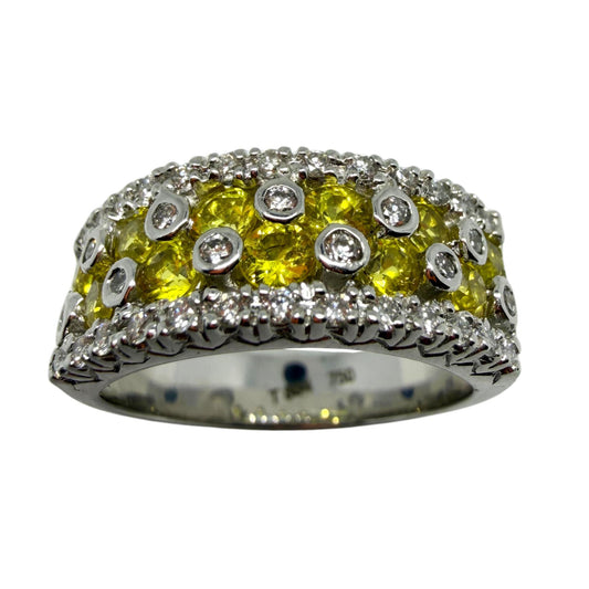 18k White Gold Diamond and Yellow Sapphire Wide Band Ring