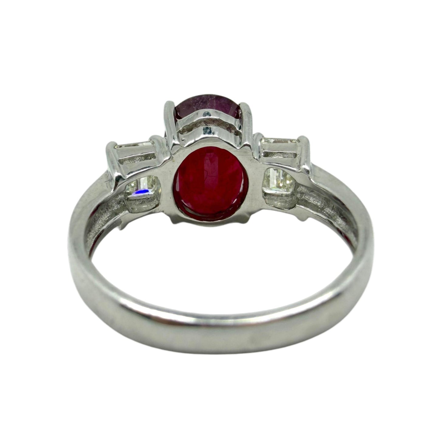 18K White Gold Asscher Cut Diamond and African Ruby Three Stone Ring - Size 6.75