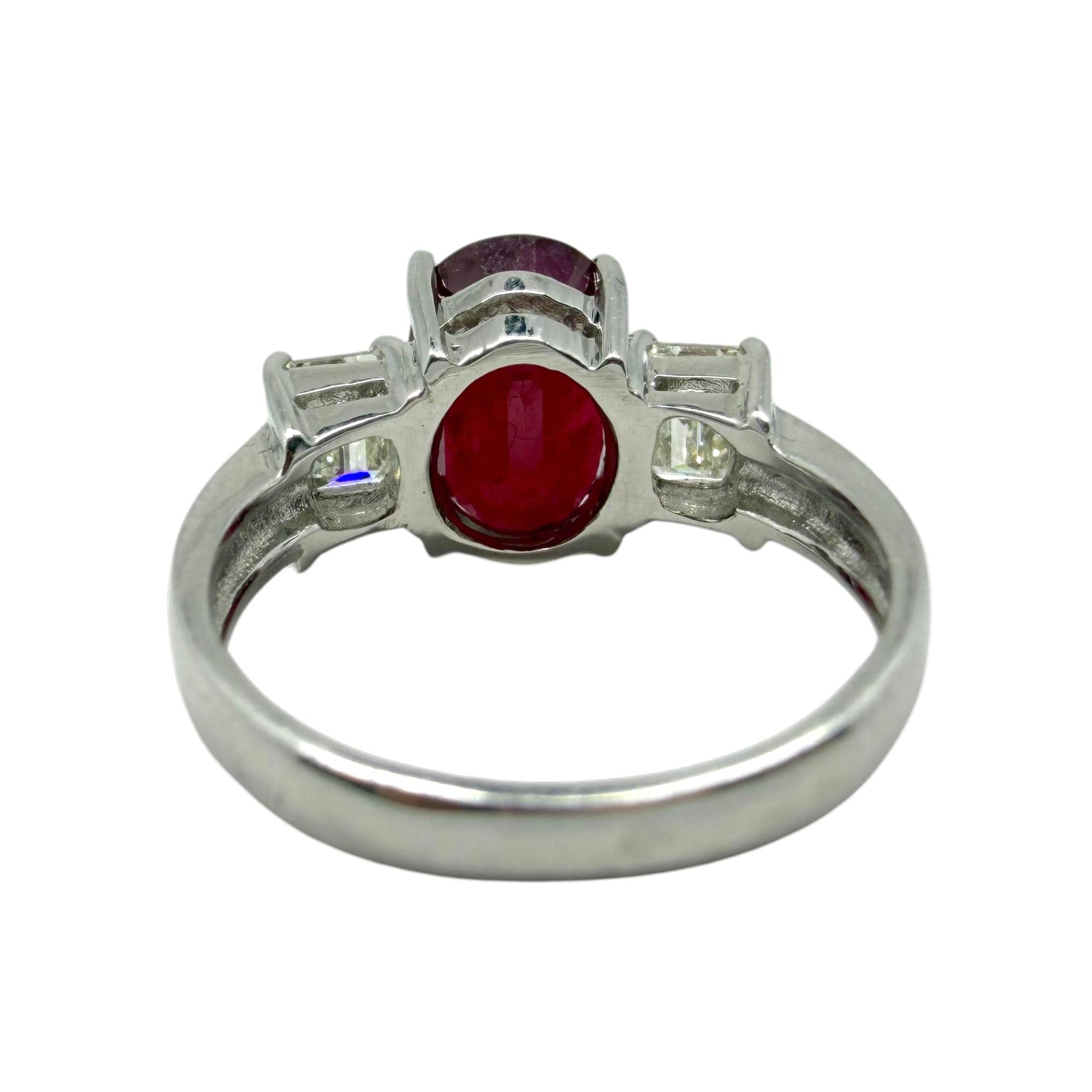 18K White Gold Asscher Cut Diamond and African Ruby Three Stone Ring - Size 6.75