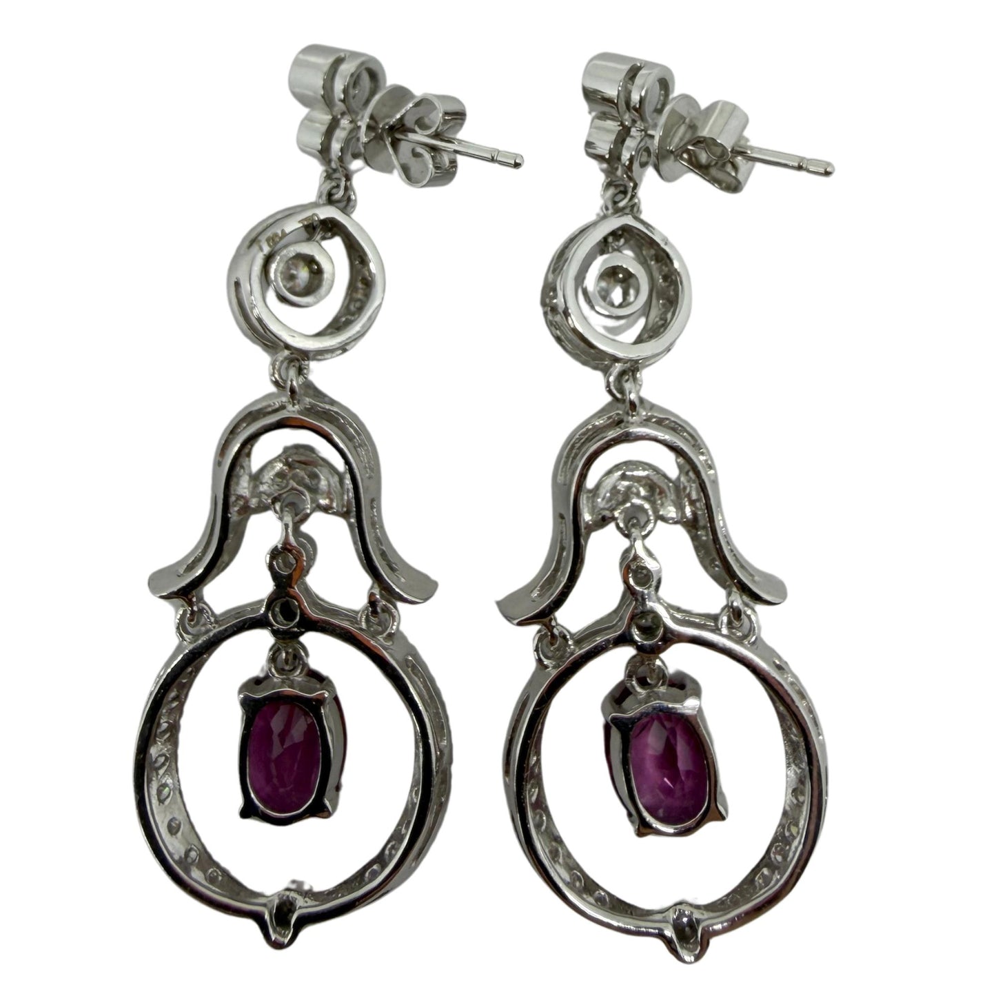 18K White Gold Diamond and 2.52 Carat Oval Cut Ruby Drop Earrings