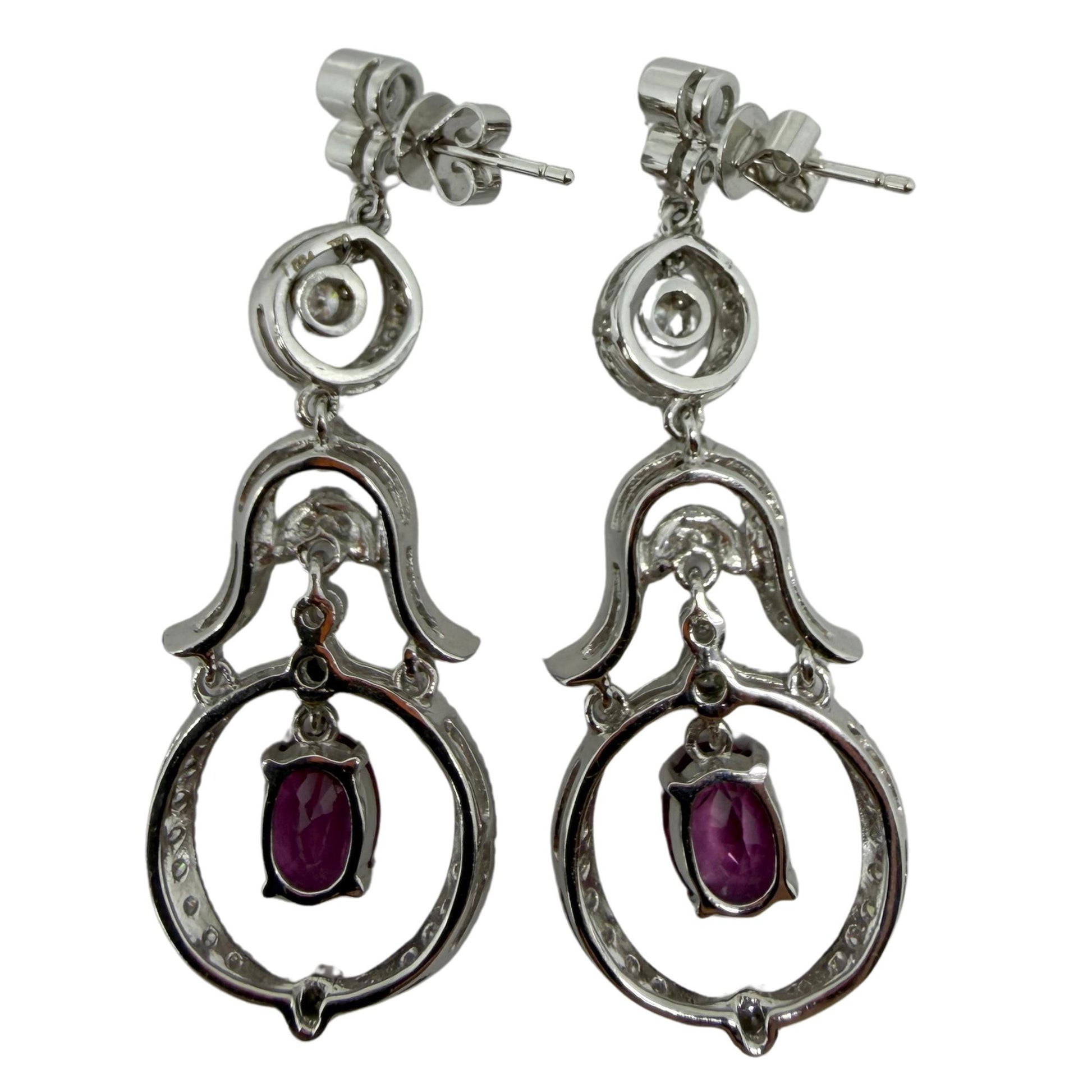 18K White Gold Diamond and 2.52 Carat Oval Cut Ruby Drop Earrings