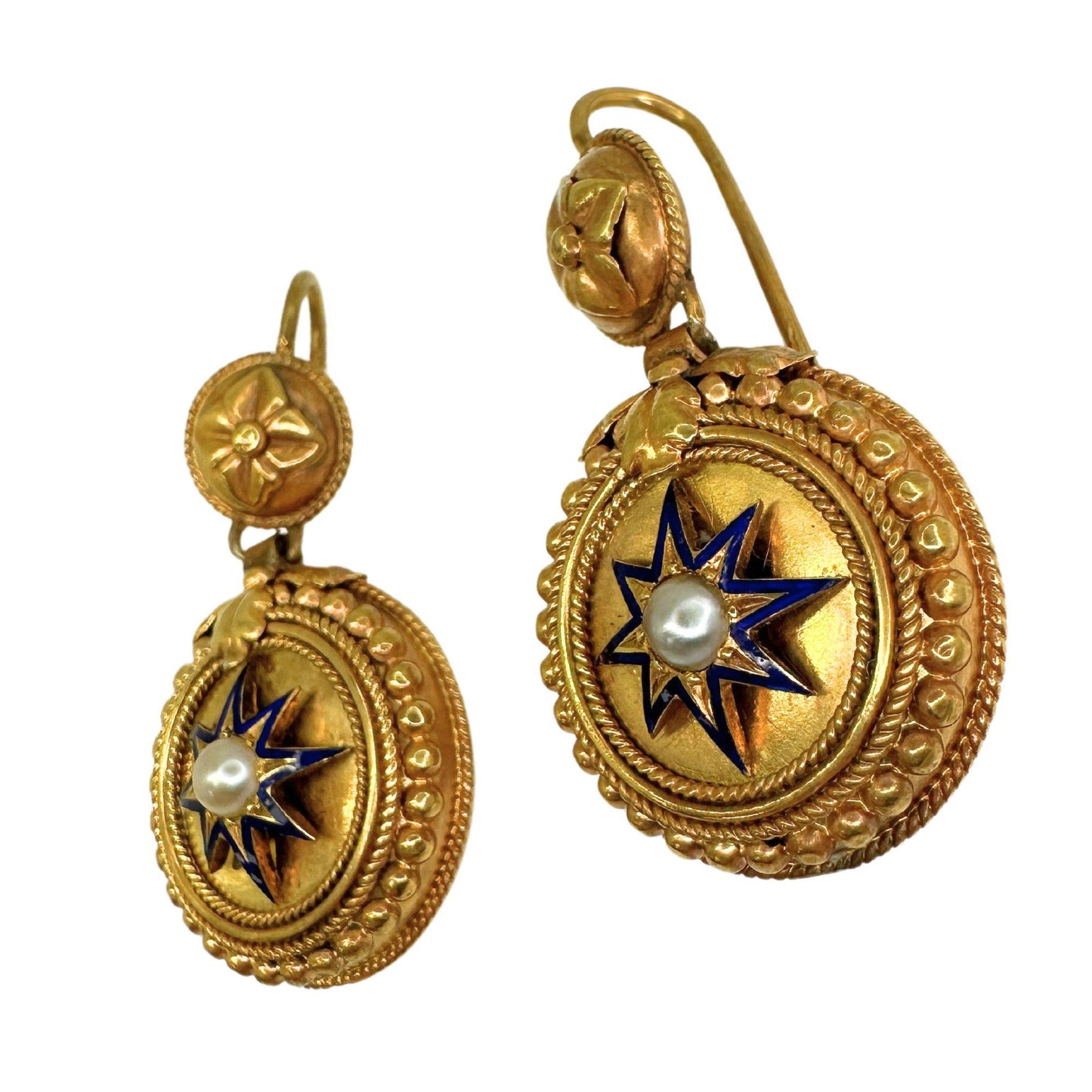 14k Victorian Pearl and Blue Enamel Drop Earrings