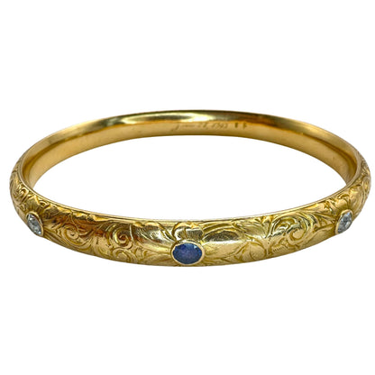 18k Engraved Victorian Diamond and Sapphire Bangle