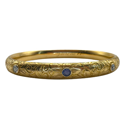 18k Engraved Victorian Diamond and Sapphire Bangle