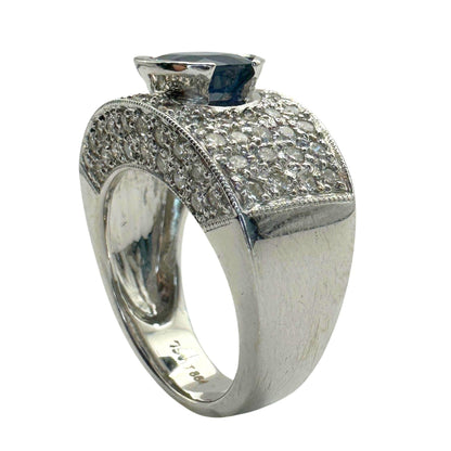 18k White Gold Round Cut Sapphire and Diamond Wide Band Ring - Size 6.50