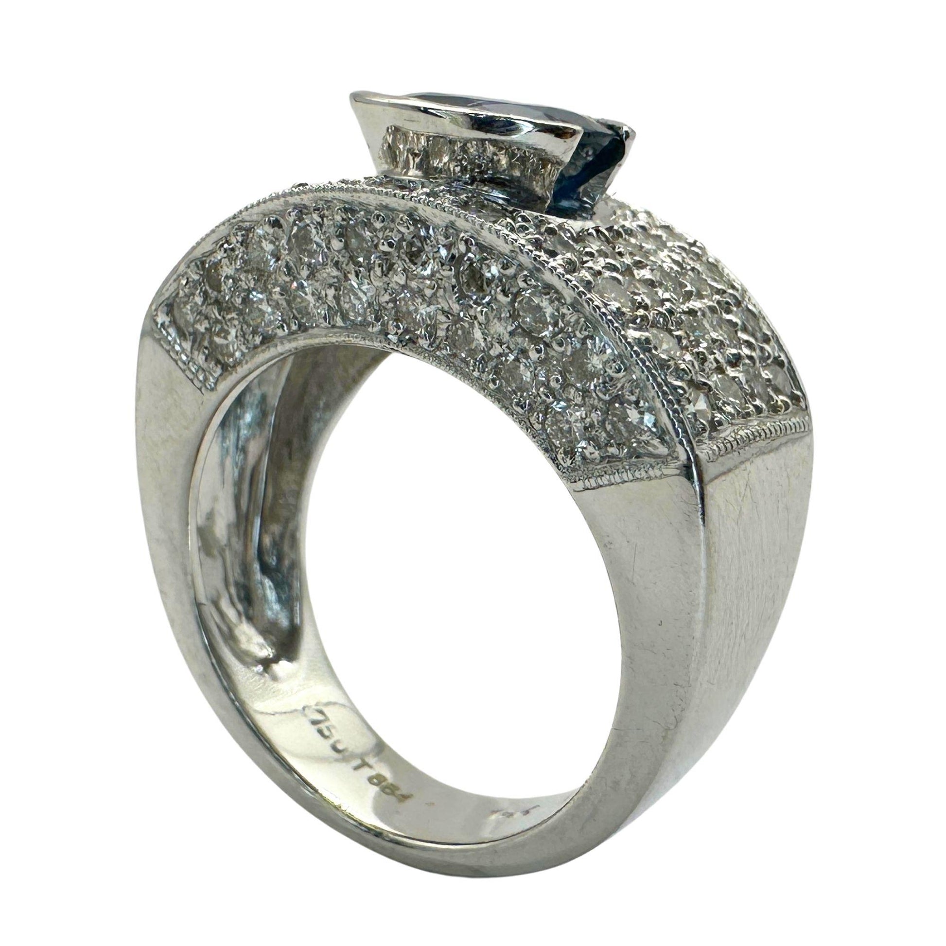 18k White Gold Round Cut Sapphire and Diamond Wide Band Ring - Size 6.50