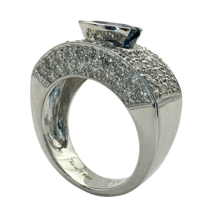 18k White Gold Round Cut Sapphire and Diamond Wide Band Ring - Size 6.50