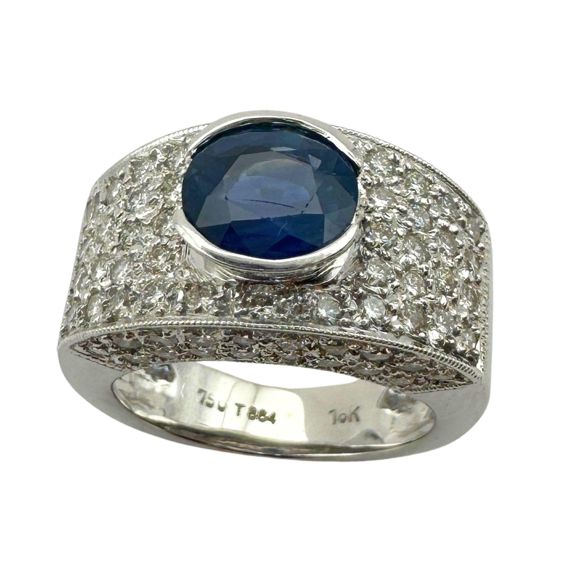 18k White Gold Round Cut Sapphire and Diamond Wide Band Ring - Size 6.50