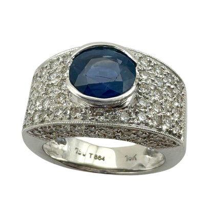 18k White Gold Round Cut Sapphire and Diamond Wide Band Ring - Size 6.50