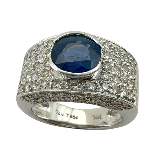 18k White Gold Round Cut Sapphire and Diamond Wide Band Ring - Size 6.50