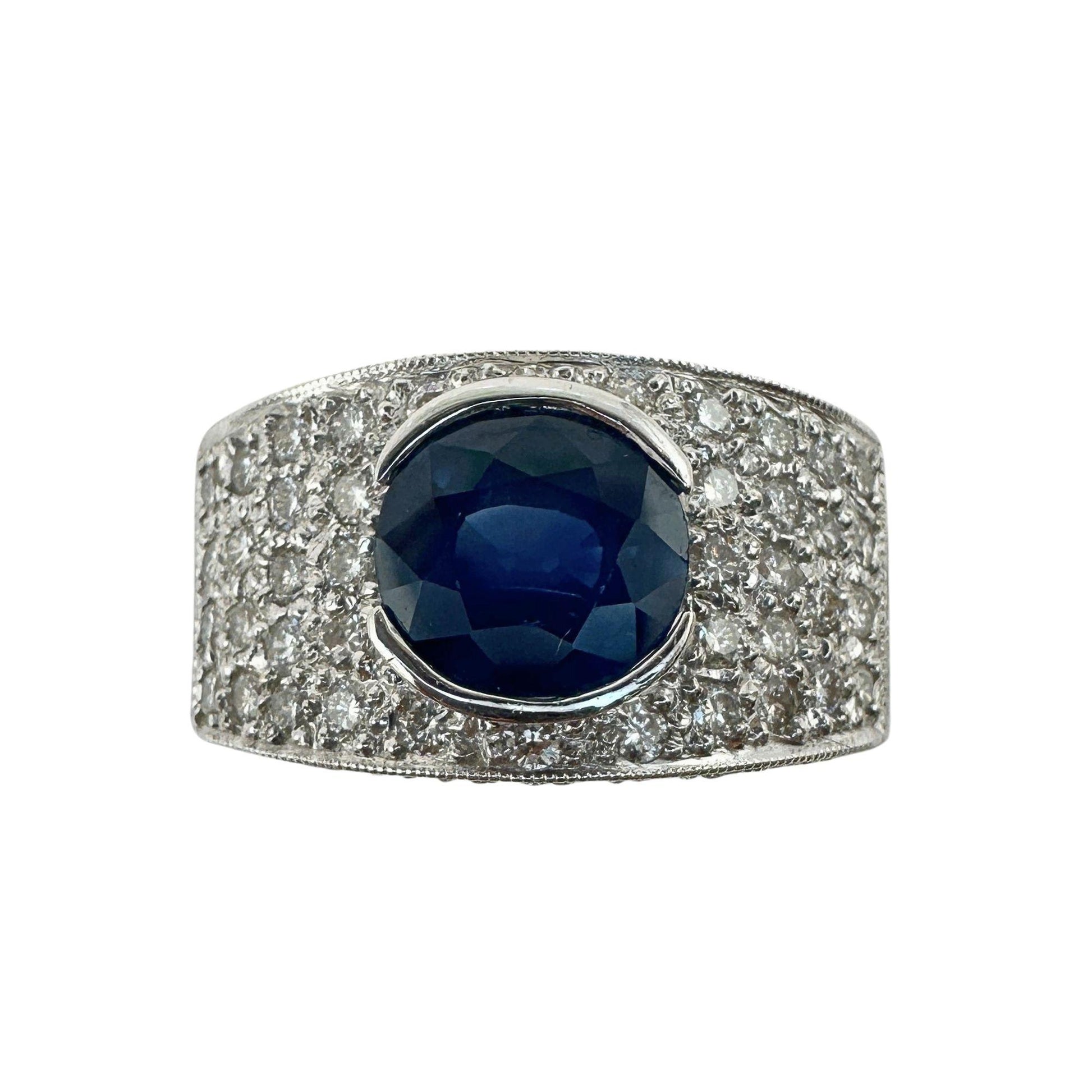 18k White Gold Round Cut Sapphire and Diamond Wide Band Ring - Size 6.50