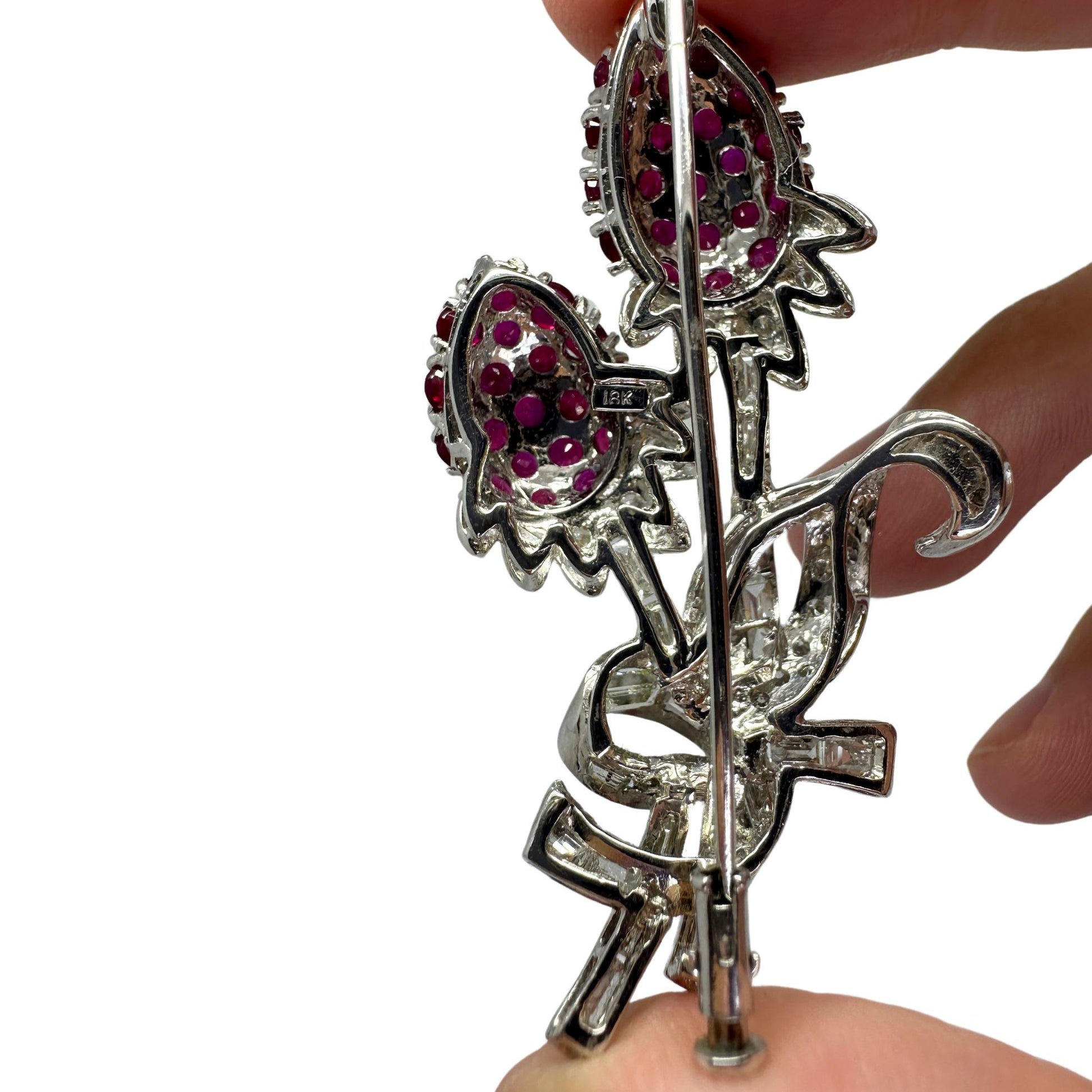 18K Diamond and Ruby Flower Brooch