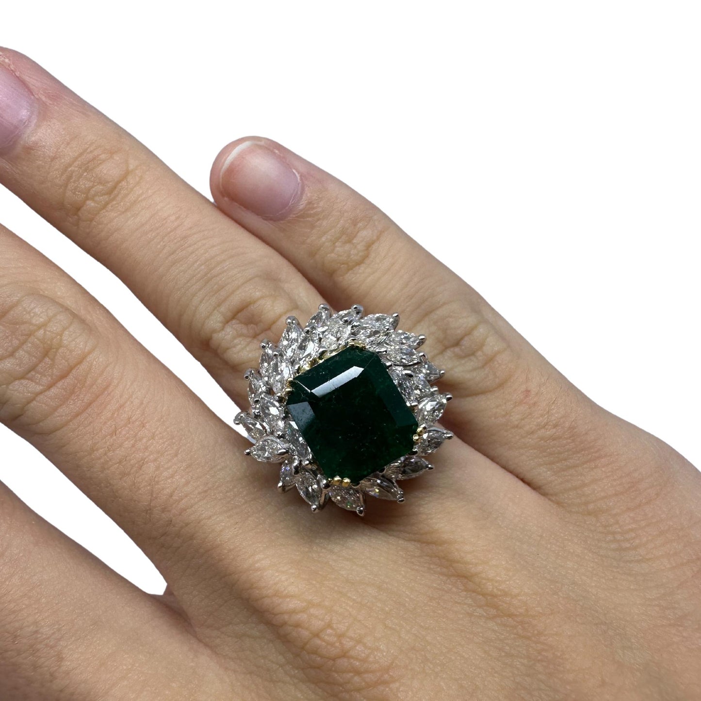 18k White Gold Marquise Diamond and Emerald Ring