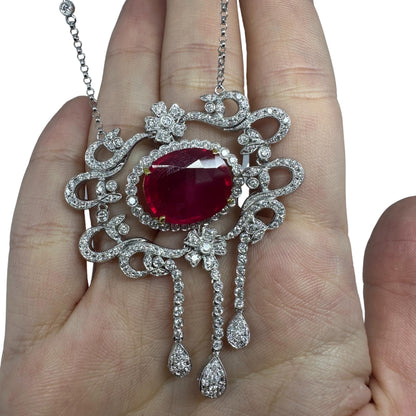 18K Two Tone Diamond and African Ruby Necklace