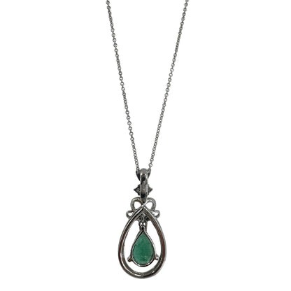 18K White Gold Pear Cut Emerald and Diamond Pendant Necklace