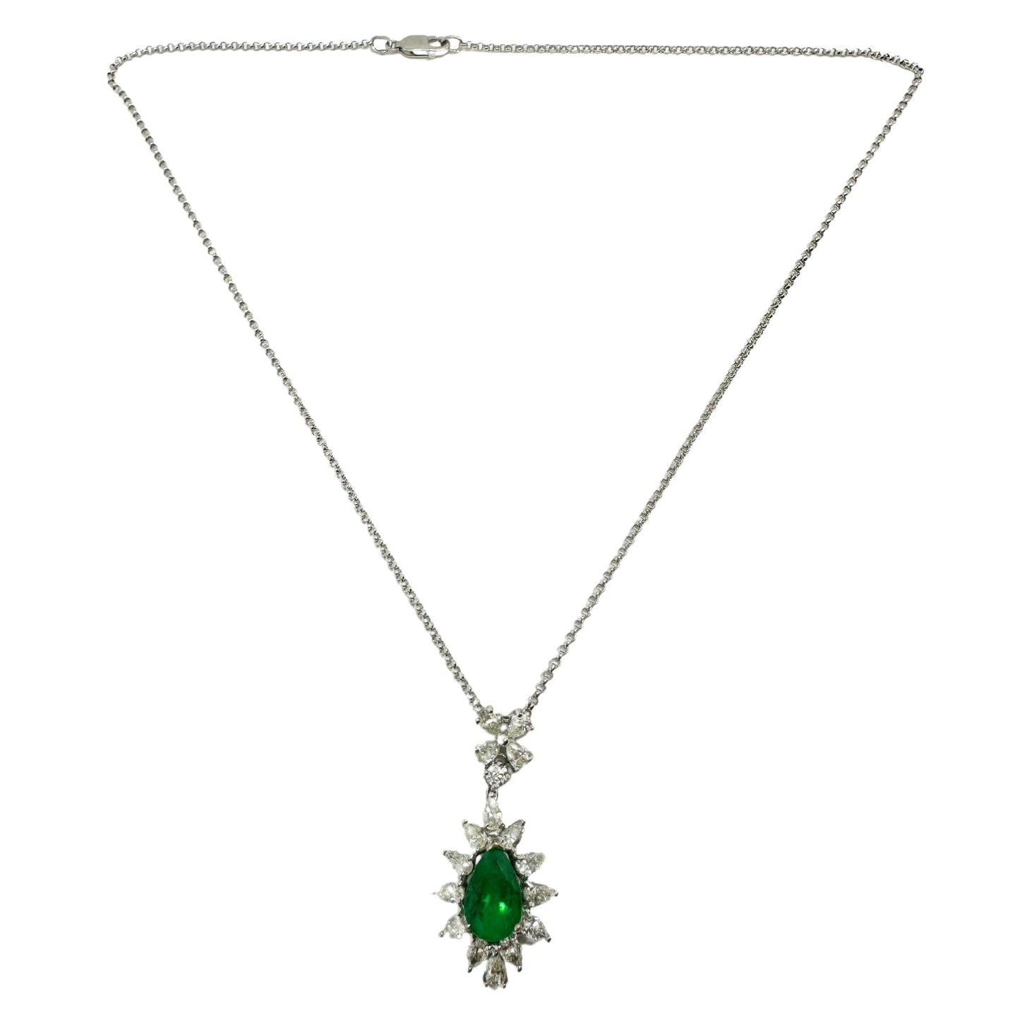 18K White Gold Pear Cut Diamond and Pear Cut Emerald Necklace